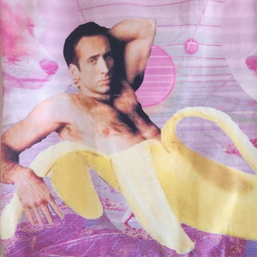 Nicolas Cage Banana Pillowcase Soft Velvet Side Zipper Kitschy Meme Decor EUC